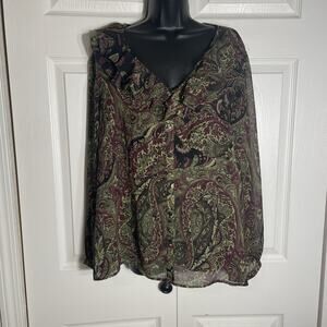 Vintage‎ Y2K Liz Claiborne Studio Shirt Women 16W Black Green Sheer Ruffle Fairy